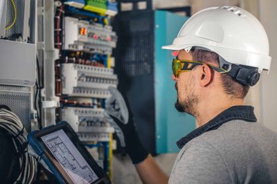 Man, an electrical technician working in a switchboard with fuses.